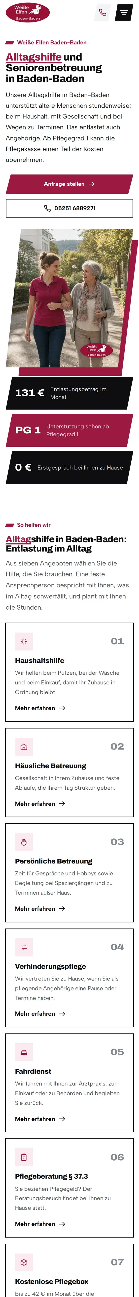 Komplette Startseite von Weiße Elfen Baden-Baden am Smartphone