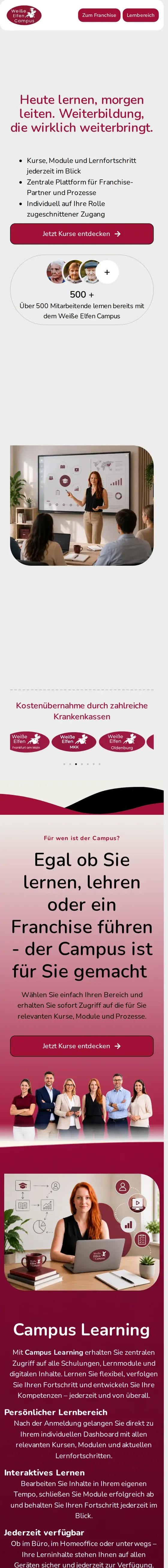 Komplette Startseite von Weiße Elfen Campus am Smartphone
