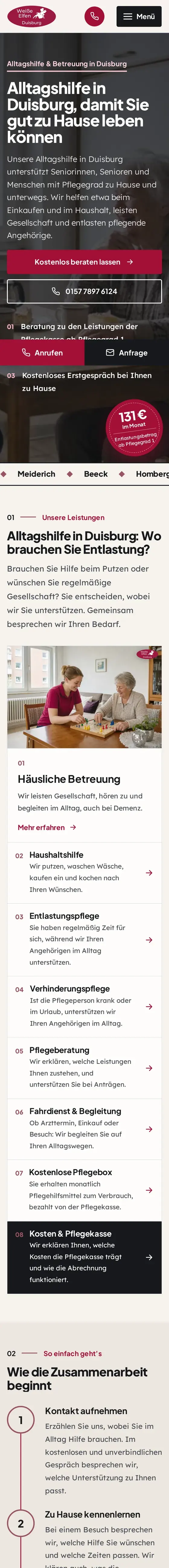 Komplette Startseite von Weiße Elfen Duisburg am Smartphone