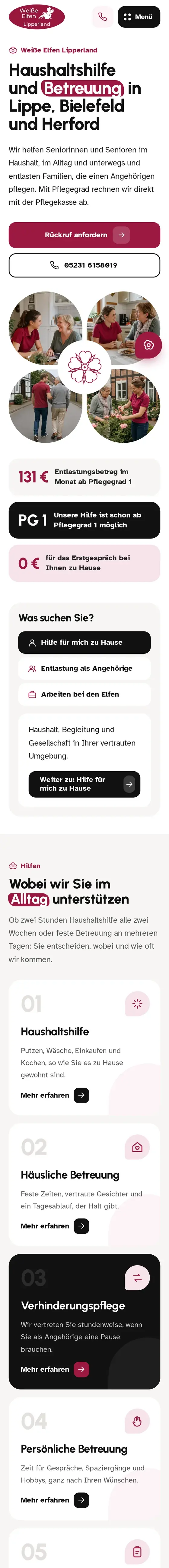 Komplette Startseite von Weiße Elfen Lipperland am Smartphone