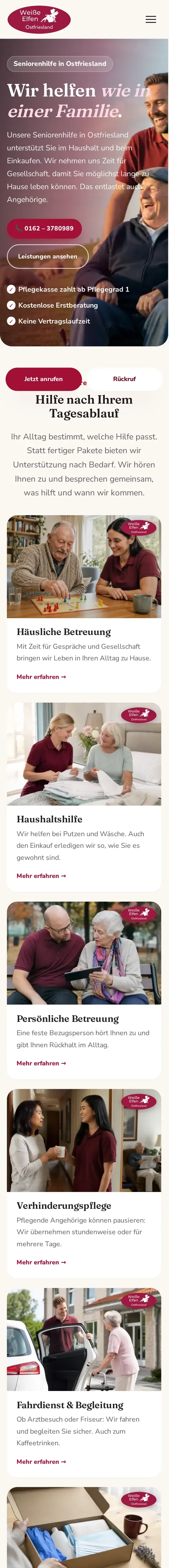 Komplette Startseite von Weiße Elfen Ostfriesland am Smartphone