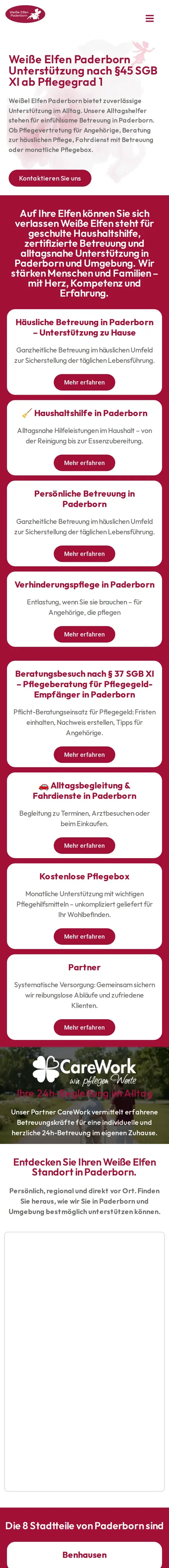 Komplette Startseite von Weiße Elfen Paderborn am Smartphone