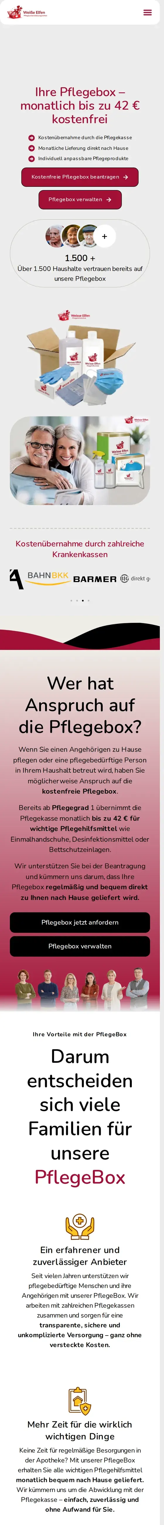 Komplette Startseite von Weiße Elfen Carebox am Smartphone