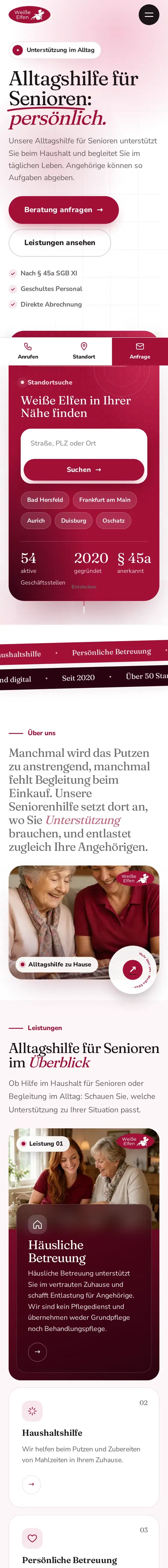 Komplette Startseite von Weiße Elfen Zentrale am Smartphone